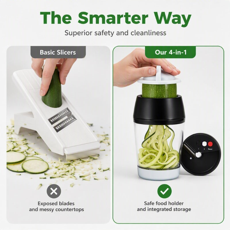 🔥 50 % Rabatt! 🥒 4-in-1 Gemüseschneider mit Aufbewahrungsbehälter – Verstellbarer Spiralschneider für Salate & Gemüse