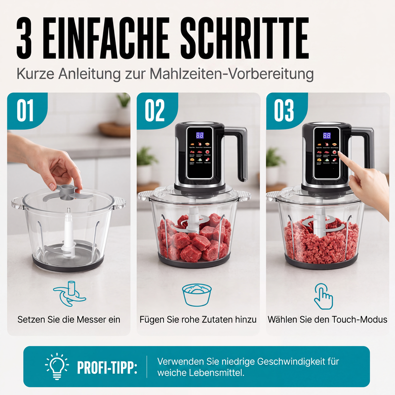 🔥 50 % Rabatt! 🍳 Multifunktions-Zerkleinerer mit Touch-Bedienung – Elektrische Küchenmaschine für Fleisch, Gemüse & Obst