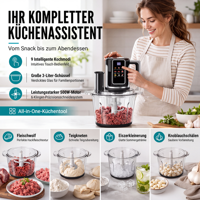 🔥 50 % Rabatt! 🍳 Multifunktions-Zerkleinerer mit Touch-Bedienung – Elektrische Küchenmaschine für Fleisch, Gemüse & Obst