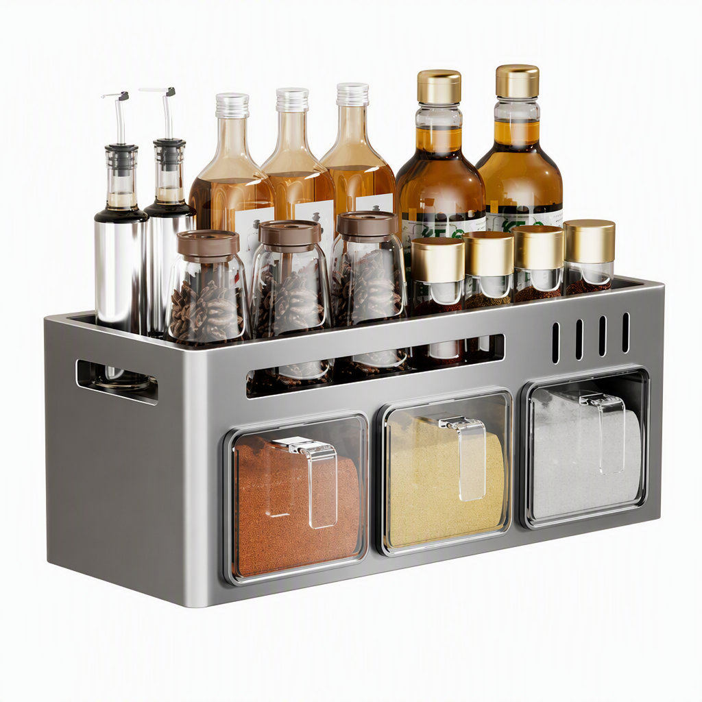 🔥 50 % Rabatt! 🧂 Gewürzregal ohne Bohren – Wandmontierter Küchen Organizer mit Gewürzgläsern & Löffeln