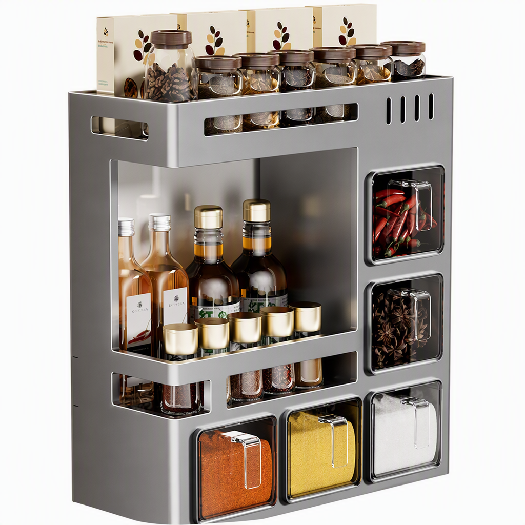 🔥 50 % Rabatt! 🧂 Gewürzregal ohne Bohren – Wandmontierter Küchen Organizer mit Gewürzgläsern & Löffeln