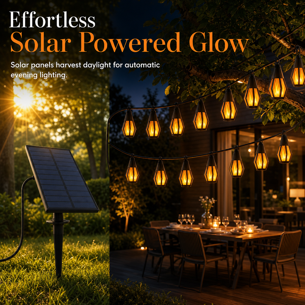 Solar Flame String Lights Outdoor Waterproof Decorative Lighting with Light Sensor for Garden Patio Yard Camping