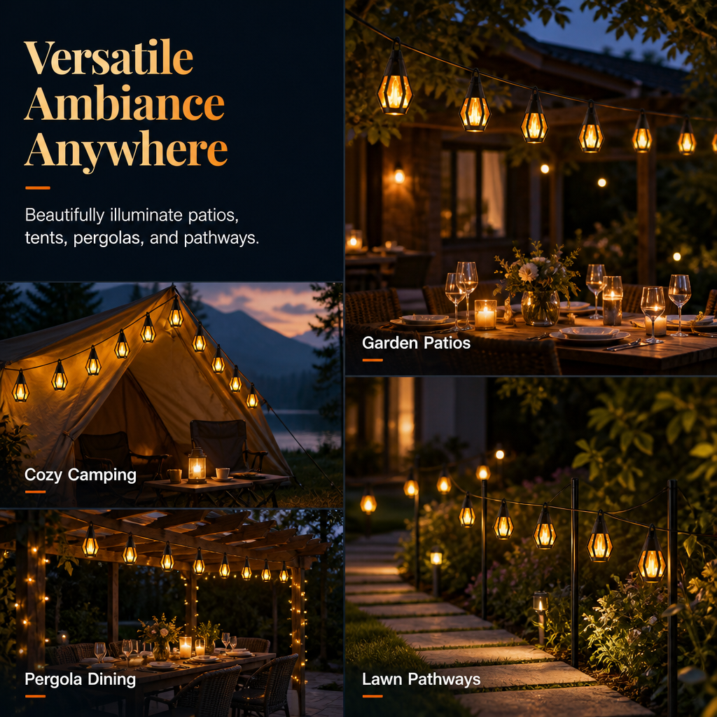 Solar Flame String Lights Outdoor Waterproof Decorative Lighting with Light Sensor for Garden Patio Yard Camping