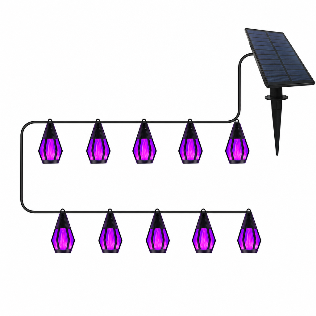 Solar Flame String Lights Outdoor Waterproof Decorative Lighting with Light Sensor for Garden Patio Yard Camping