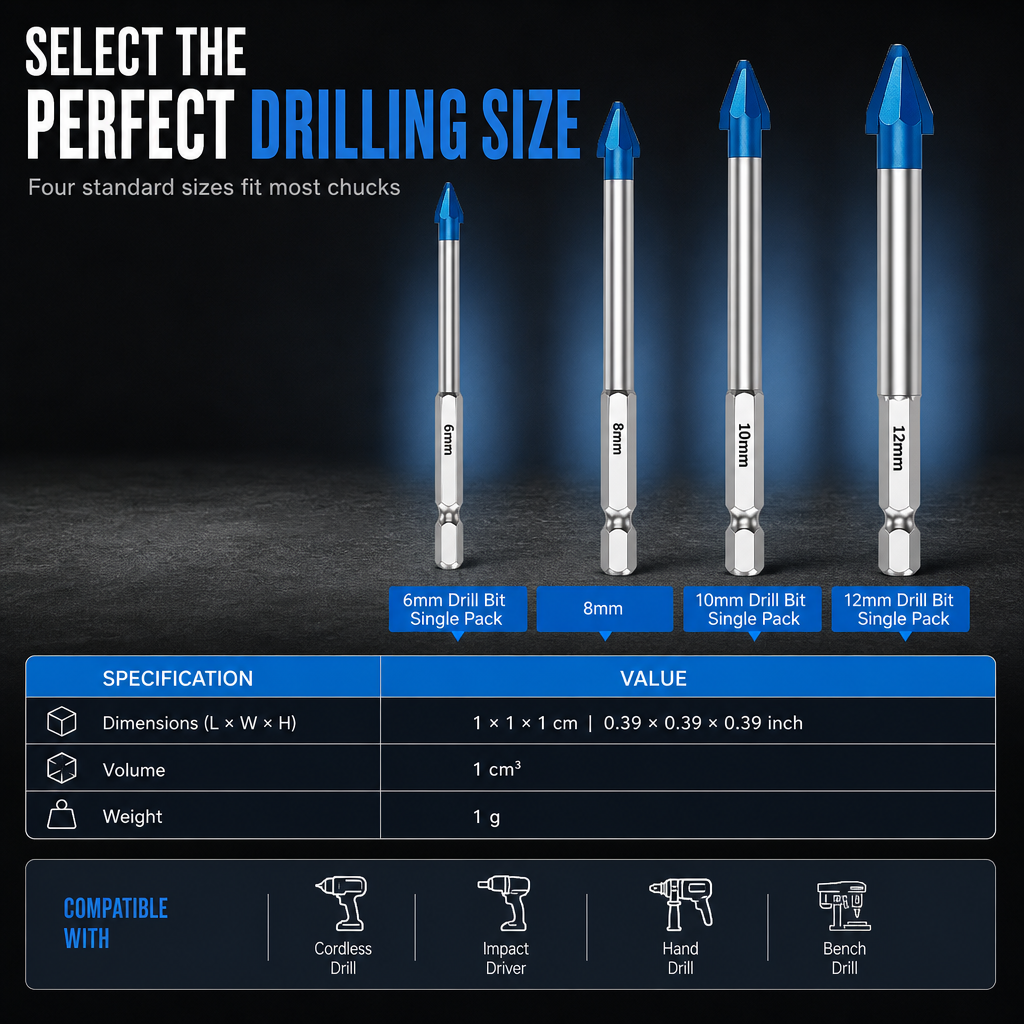 🔩 Hartmetall-Fliesenbohrer mit Sechskantschaft, 6–12 mm