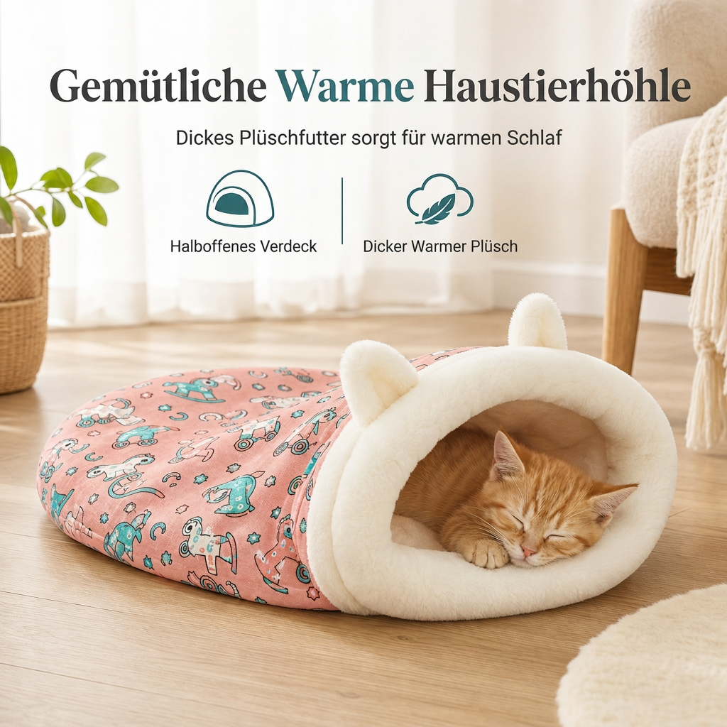 📢📢 JETZT 50 % RABATT!! ⏰Halboffenes warmes Schlafsackbett, weiche Haustierhöhle für tiefen Schlaf mit Decke für Katzen und kleine Hunde