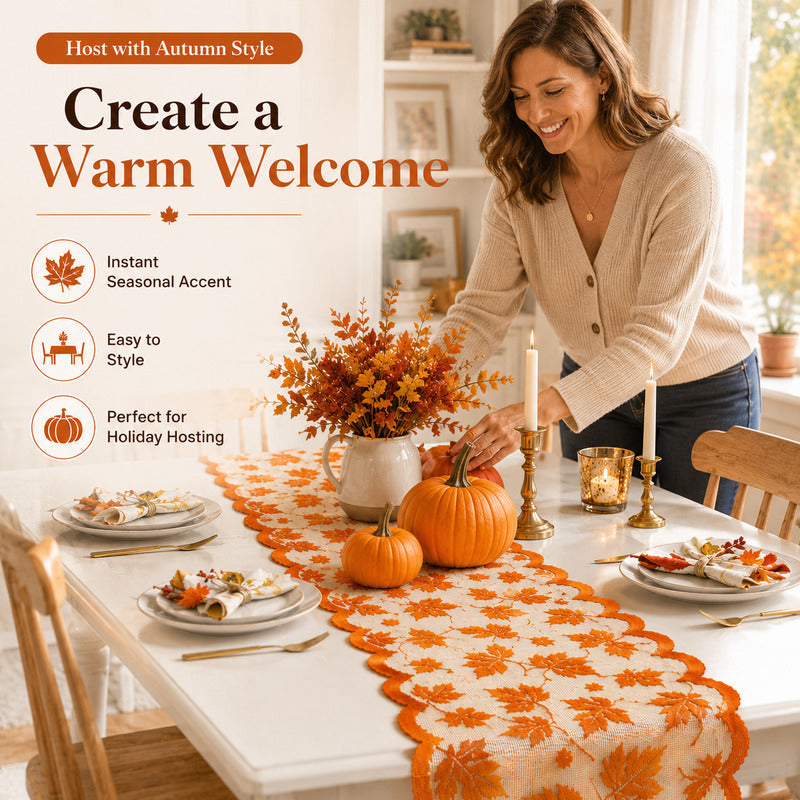 🍁 50% Rabatt 🍽️ Herbstliches Tischset mit Ahornblatt-Spitze, Tischläufer & Platzsets für eine charmante Herbstdeko