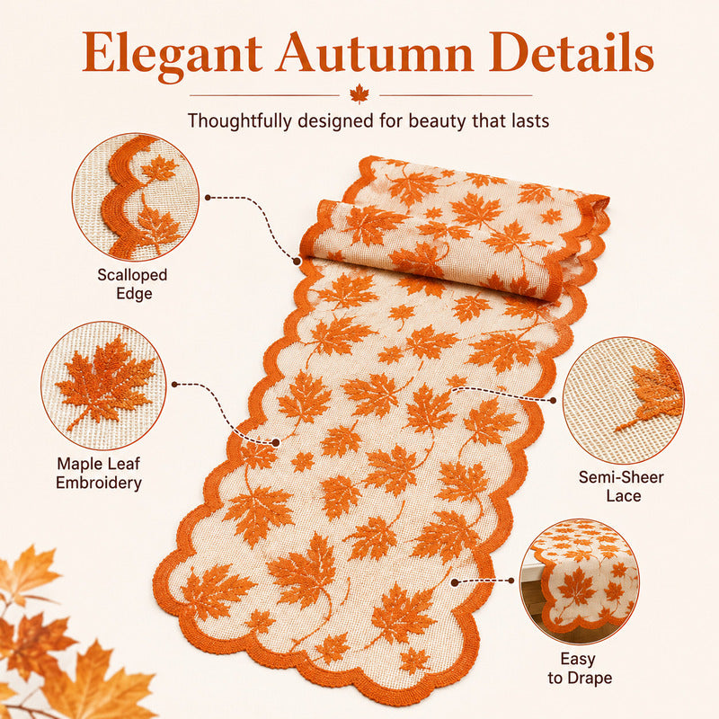 🍁 50% Rabatt 🍽️ Herbstliches Tischset mit Ahornblatt-Spitze, Tischläufer & Platzsets für eine charmante Herbstdeko