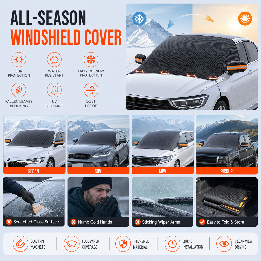 Thickened Magnetic Car Windshield Sun Shade and Snow Cover Waterproof Half Car Cover with Reflective Strips