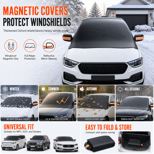 Thickened Magnetic Car Windshield Sun Shade and Snow Cover Waterproof Half Car Cover with Reflective Strips