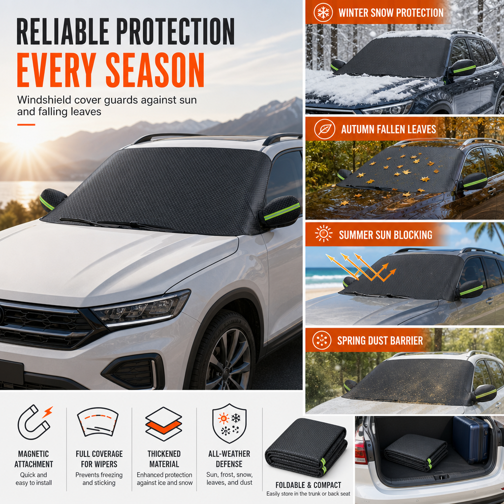 Thickened Magnetic Car Windshield Sun Shade and Snow Cover Waterproof Half Car Cover with Reflective Strips
