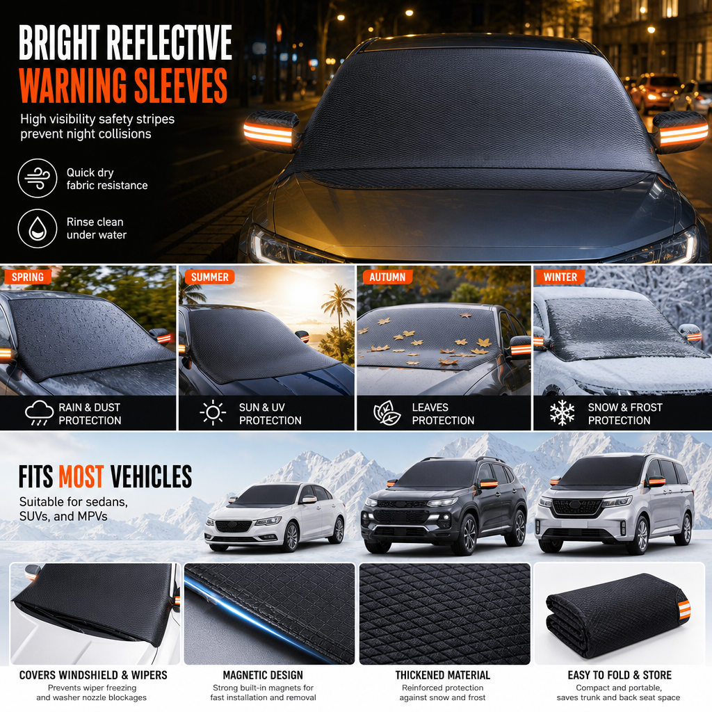 Thickened Magnetic Car Windshield Sun Shade and Snow Cover Waterproof Half Car Cover with Reflective Strips