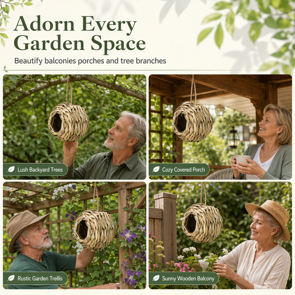 🐦🌿 Kugelförmiges Vogelhaus aus Stroh – runde Öffnung, natürliche Deko für Garten, Terrasse & Balkon