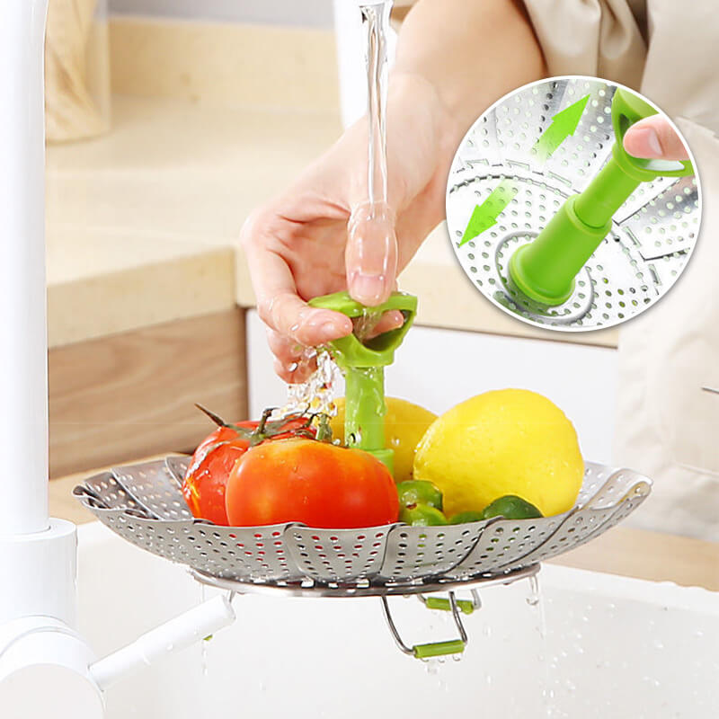 🍳 Faltbarer Edelstahl-Dampfgarer 9 Zoll – verstellbarer Griff & zusammenklappbar, für Töpfe & Küche