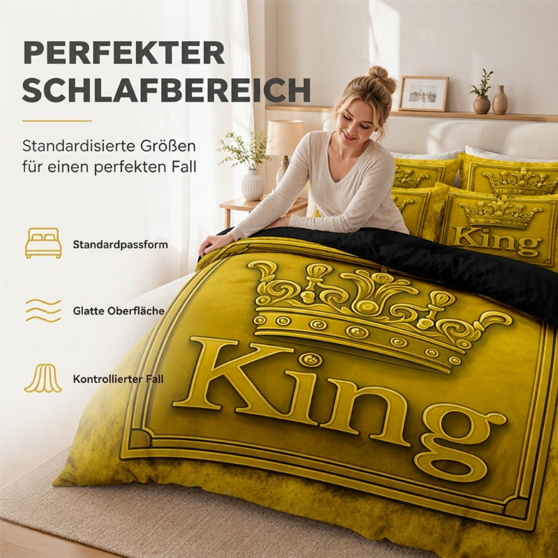 👑 KING 3-teiliges Bettwäsche-Set – schwarz-grau meliert, Kronen-Design