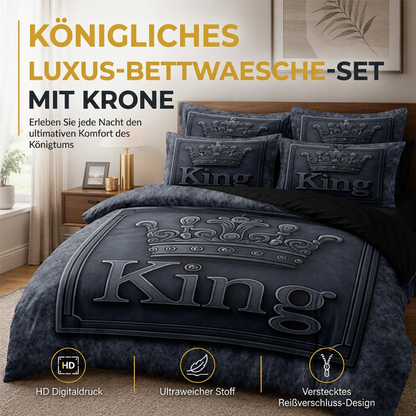 👑 KING 3-teiliges Bettwäsche-Set – schwarz-grau meliert, Kronen-Design