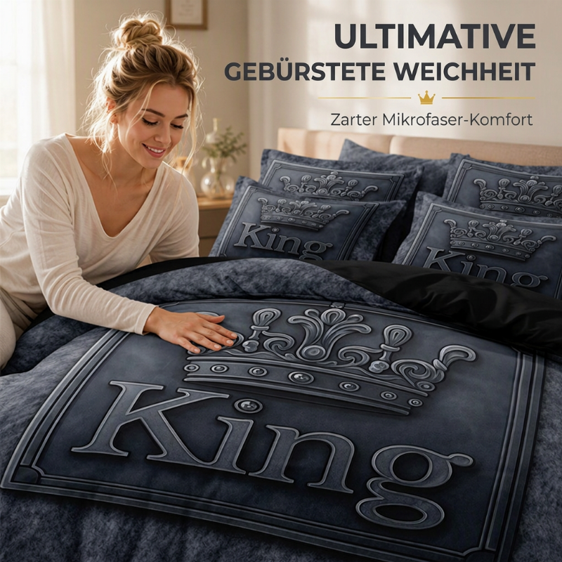 👑 KING 3-teiliges Bettwäsche-Set – schwarz-grau meliert, Kronen-Design
