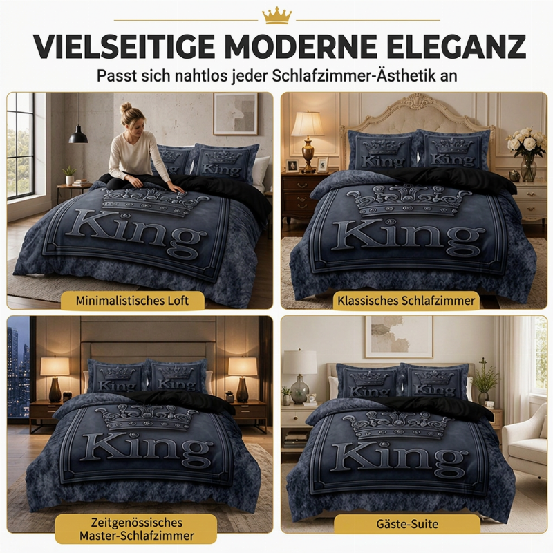 👑 KING 3-teiliges Bettwäsche-Set – schwarz-grau meliert, Kronen-Design