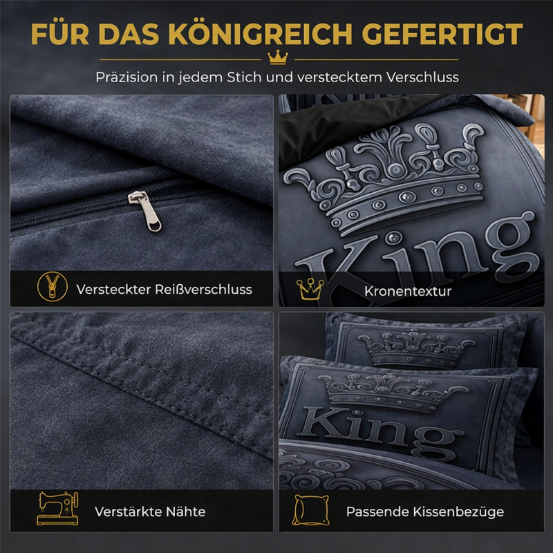 👑 KING 3-teiliges Bettwäsche-Set – schwarz-grau meliert, Kronen-Design