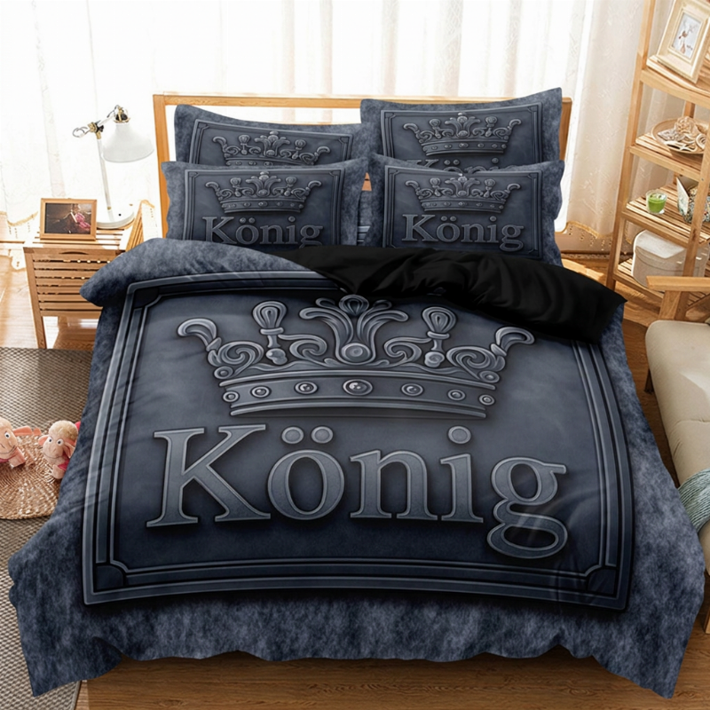 👑 KING 3-teiliges Bettwäsche-Set – schwarz-grau meliert, Kronen-Design