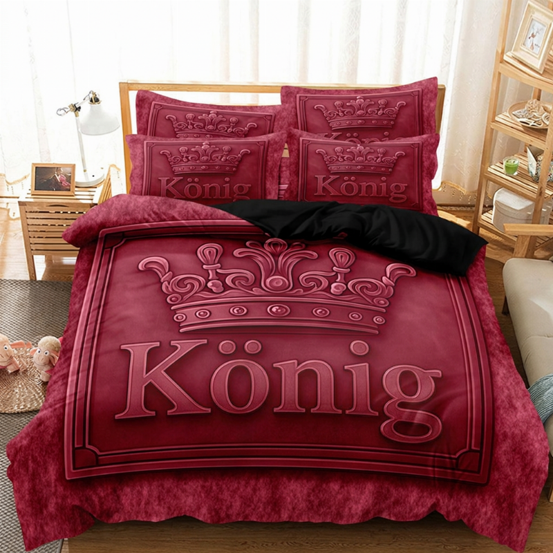 👑 KING 3-teiliges Bettwäsche-Set – schwarz-grau meliert, Kronen-Design