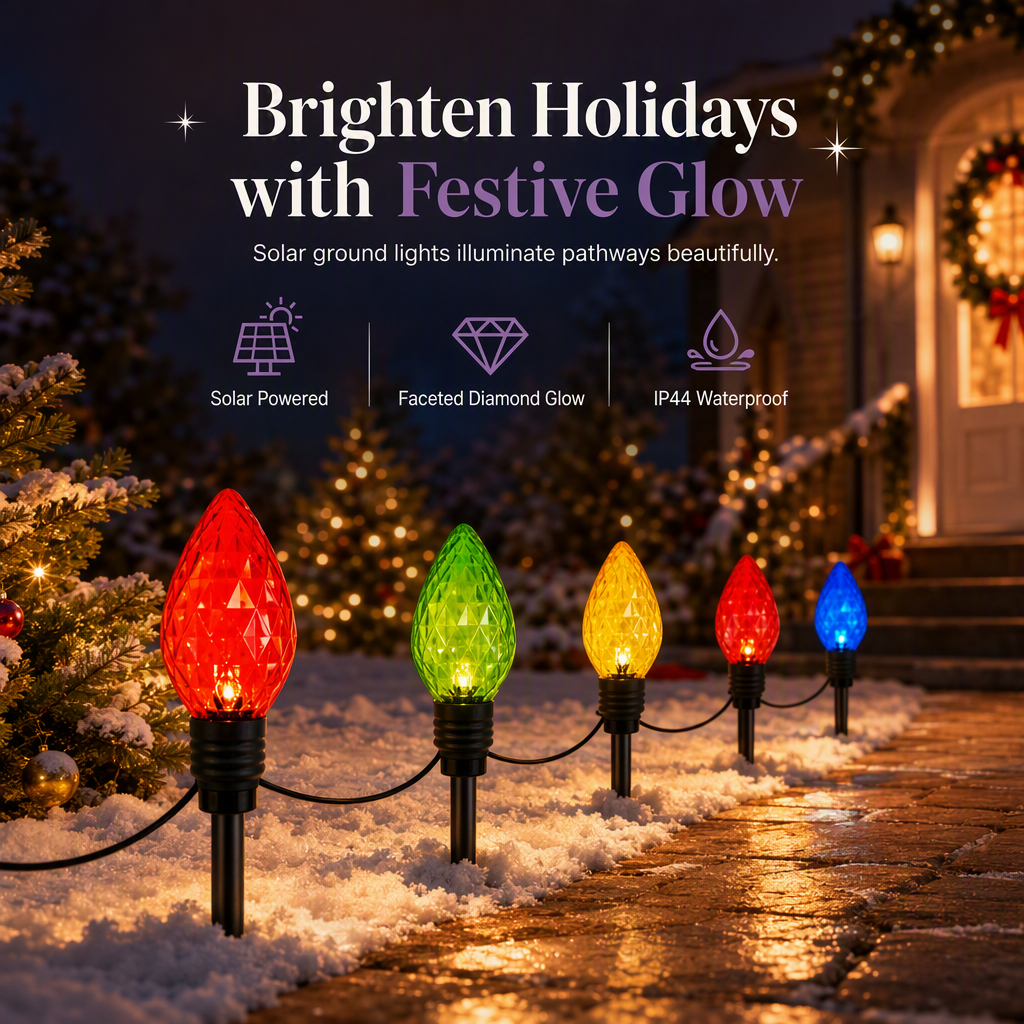 Solar Powered 5 in 1 Diamond Facet Bulb Ground Stake Lights for Garden Courtyard Holiday Decoration