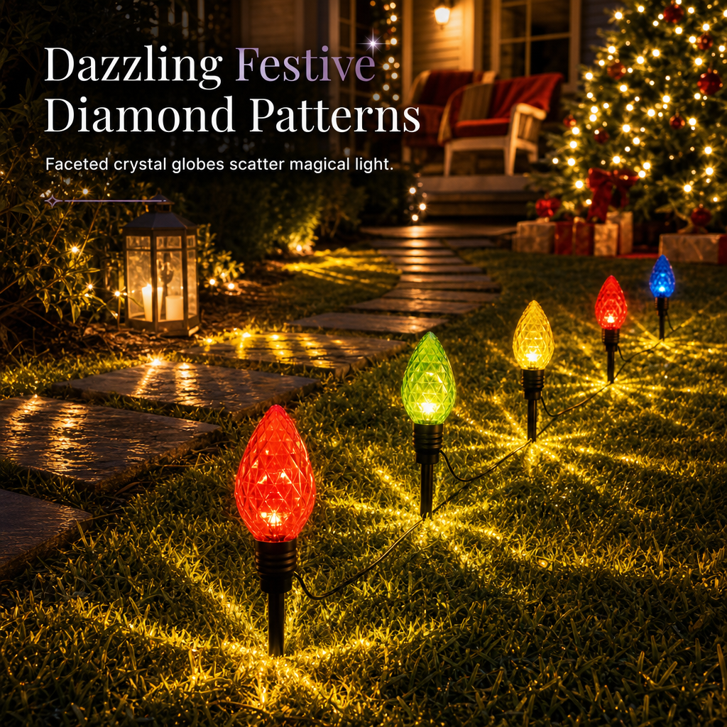 Solar Powered 5 in 1 Diamond Facet Bulb Ground Stake Lights for Garden Courtyard Holiday Decoration