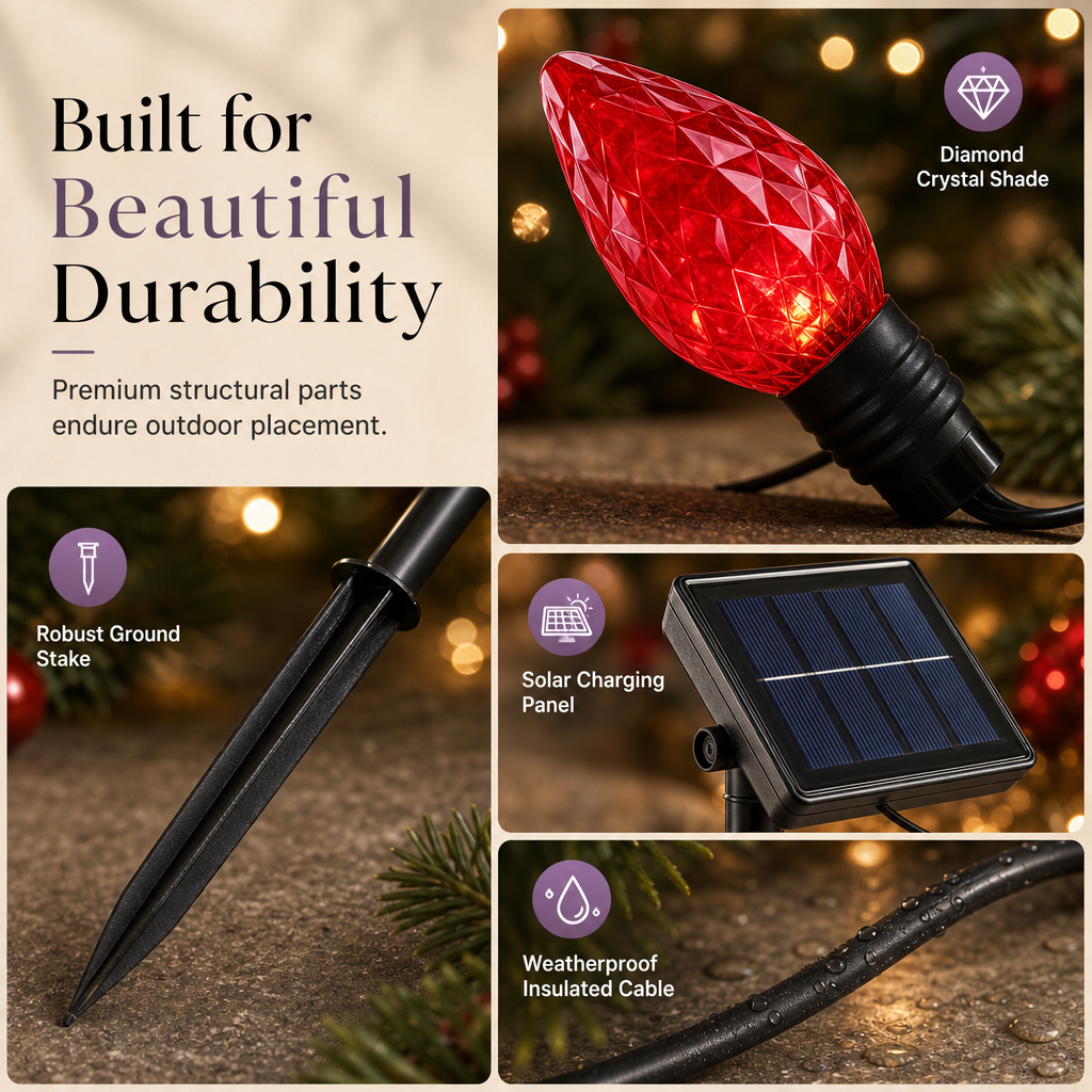 Solar Powered 5 in 1 Diamond Facet Bulb Ground Stake Lights for Garden Courtyard Holiday Decoration