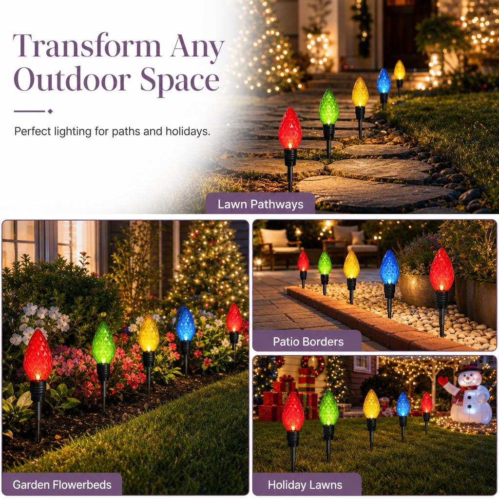 Solar Powered 5 in 1 Diamond Facet Bulb Ground Stake Lights for Garden Courtyard Holiday Decoration