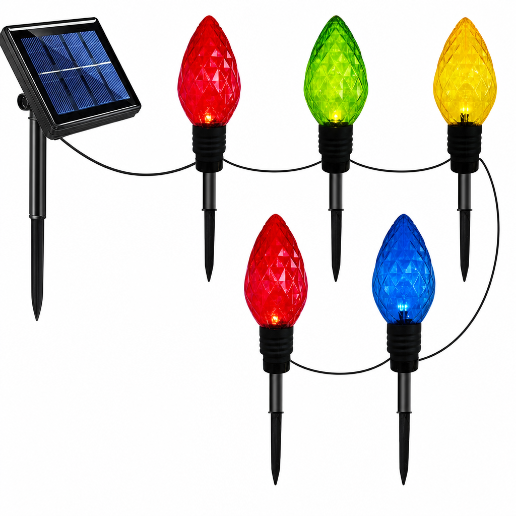 Solar Powered 5 in 1 Diamond Facet Bulb Ground Stake Lights for Garden Courtyard Holiday Decoration