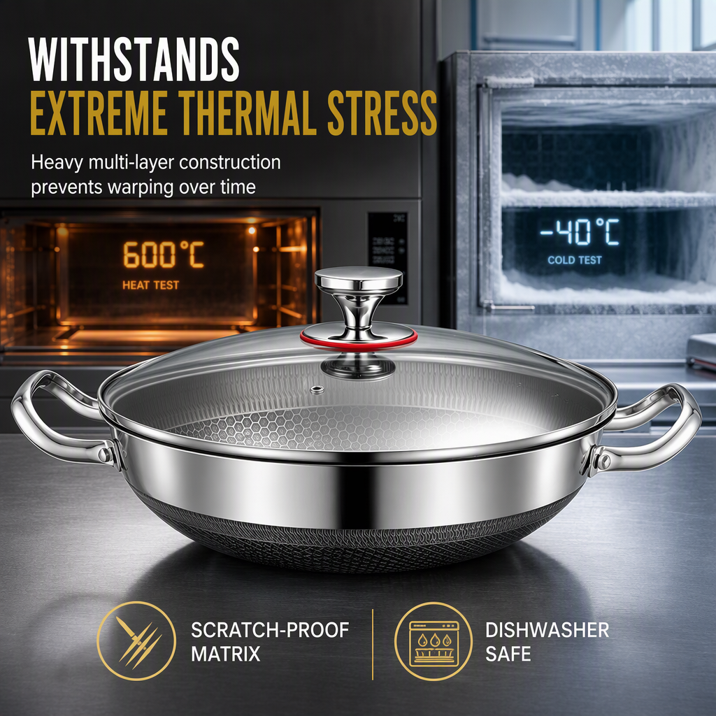⏰ Nur für kurze Zeit: 50% Rabatt!🍳 Verdickte Edelstahlpfanne mit Deckel – multifunktional als Wok, Schmortopf & Bratpfanne, für alle Herdarten