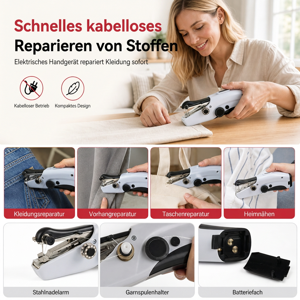 🧵 Mini elektrische Handnähmaschine mit Doppelnadel – tragbar & leistungsstark, auch für dicke Stoffe