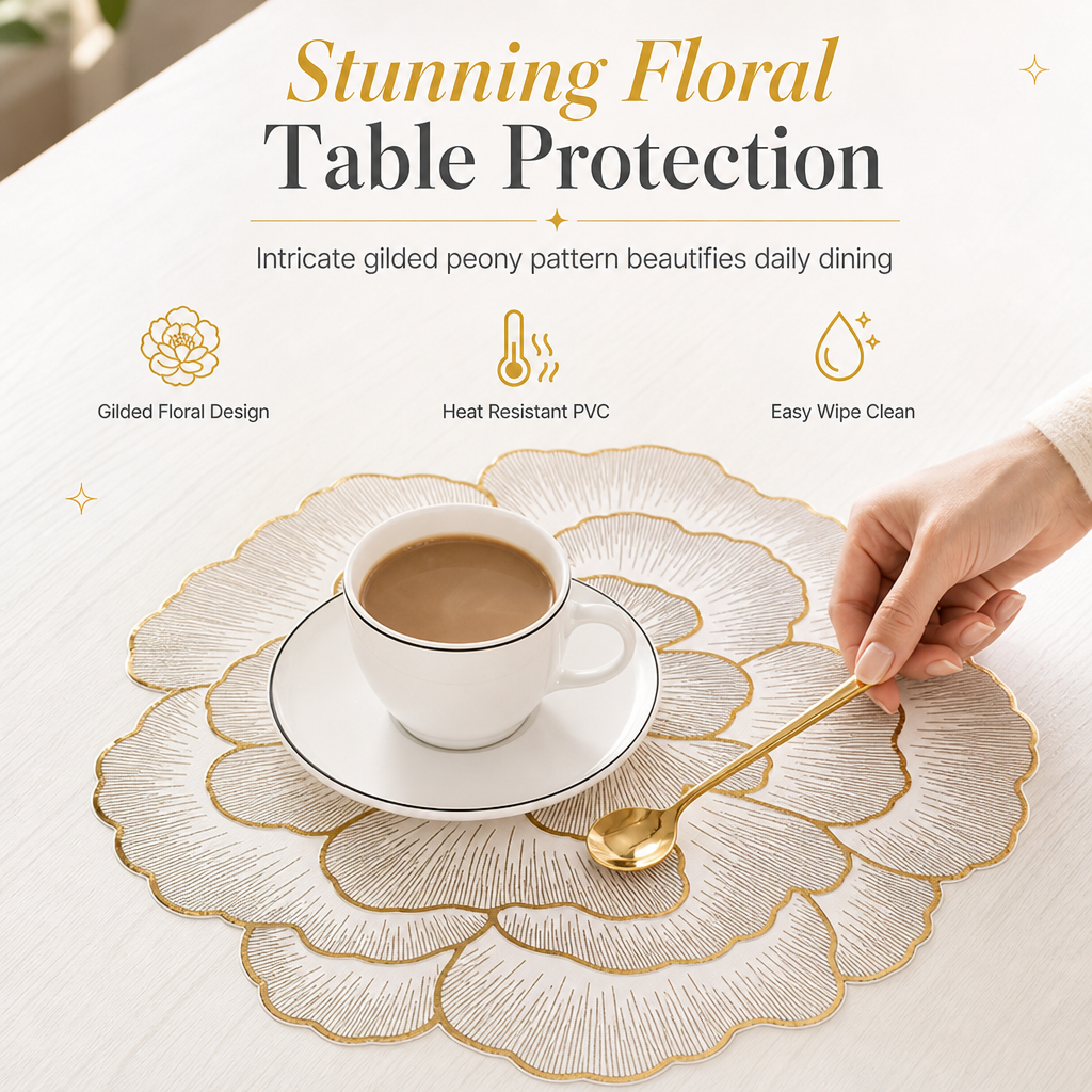 ✨2 kaufen, 1 gratis!🌸 Kreative Untersetzer mit Pfingstrosen-Motiv im skandinavischen Stil – Goldprägung, hitzebeständig, rutschfest & wasserdicht