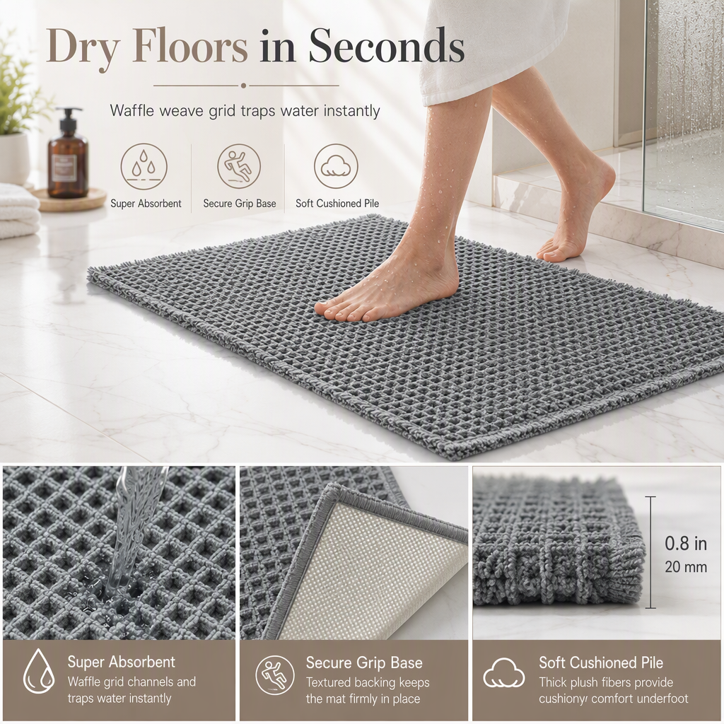 🚿 Rutschfeste & wasserabsorbierende Badematte im Waffelgewebe-Design – einfarbig, für Bad & Eingang