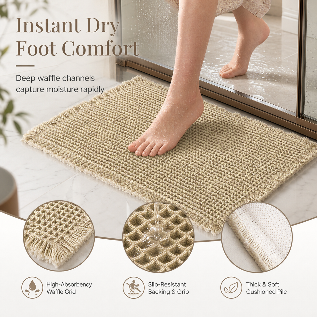 🚿 Rutschfeste & wasserabsorbierende Badematte im Waffelgewebe-Design – einfarbig, für Bad & Eingang