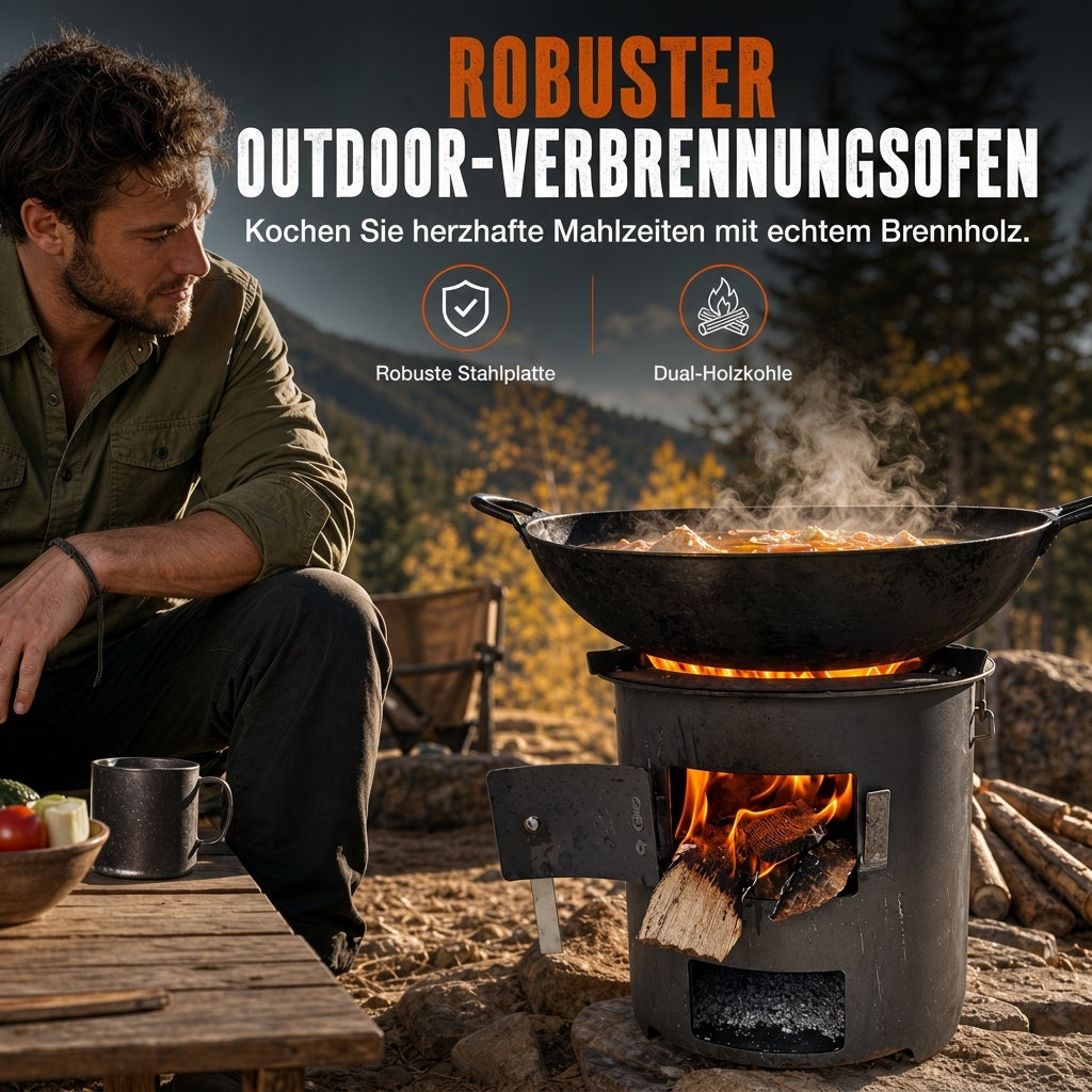 🔥 Multifunktionaler tragbarer Holz- & Kohleofen mit rostfreier Kochplatte – ideal für Camping, Grillen, Kochen & Heizen