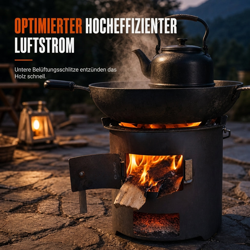 🔥 Multifunktionaler tragbarer Holz- & Kohleofen mit rostfreier Kochplatte – ideal für Camping, Grillen, Kochen & Heizen