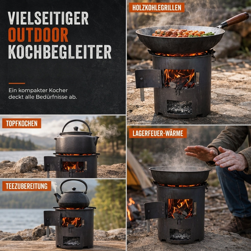 🔥 Multifunktionaler tragbarer Holz- & Kohleofen mit rostfreier Kochplatte – ideal für Camping, Grillen, Kochen & Heizen
