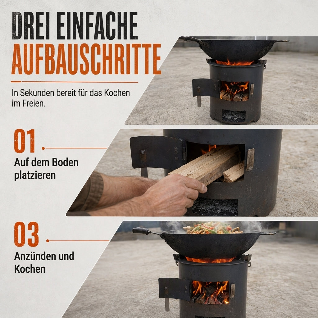 🔥 Multifunktionaler tragbarer Holz- & Kohleofen mit rostfreier Kochplatte – ideal für Camping, Grillen, Kochen & Heizen
