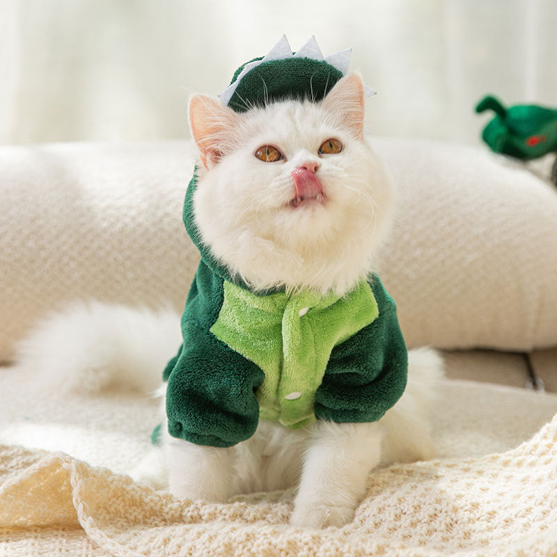 Warme Dino-Overall für Hunde & Katzen – Plüsch, weich, mit Kapuze 🦖