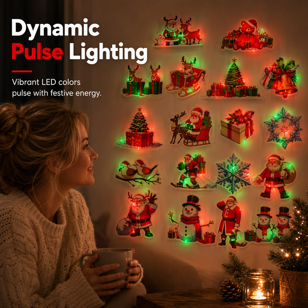 🎅 LED-Weihnachtsdeko 12er-Set – beleuchtete Figuren für Wand und Kühlschrank⭐