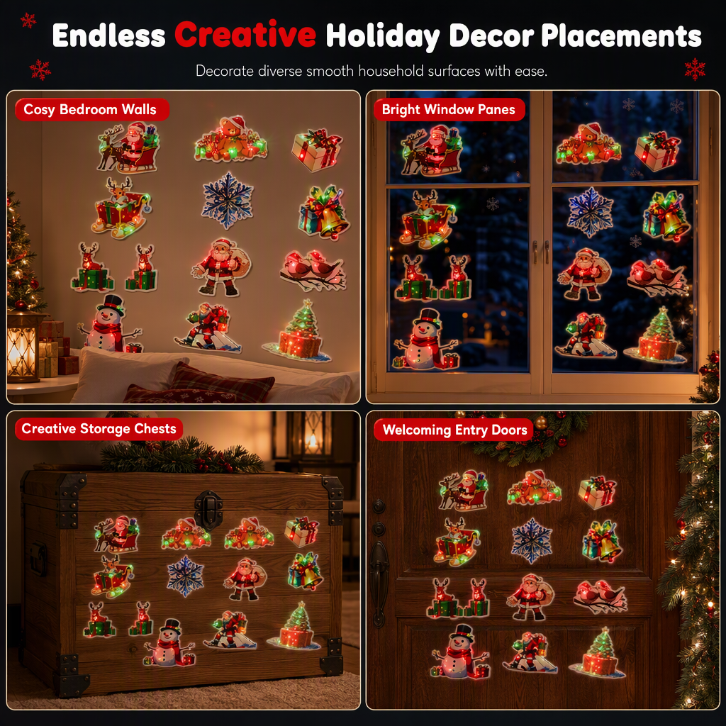 🎅 LED-Weihnachtsdeko 12er-Set – beleuchtete Figuren für Wand und Kühlschrank⭐