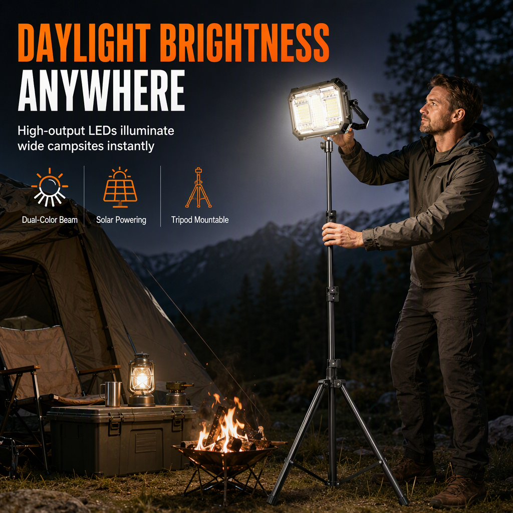 🏕️ Wiederaufladbare LED-Campingleuchte mit Solarpanel – 3 Helligkeitsstufen, wetterfest, für Zelten, Garten, Werkstatt und Stromausfall