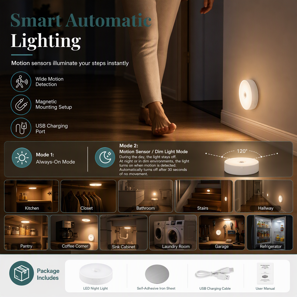 💡 Aufladbares LED-Nachtlicht mit Bewegungssensor & Dauermodus – kabellos für Schränke, Flure & Korridore