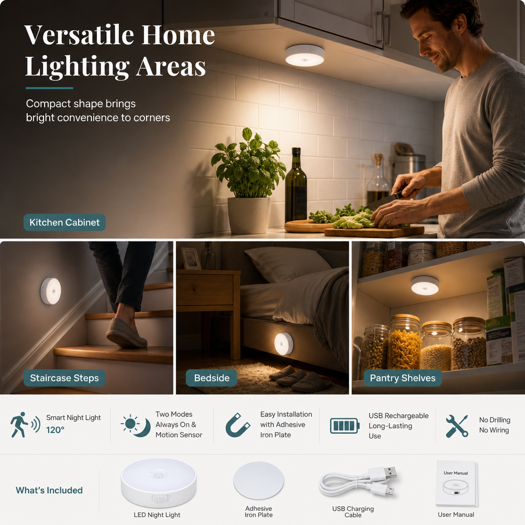 💡 Aufladbares LED-Nachtlicht mit Bewegungssensor & Dauermodus – kabellos für Schränke, Flure & Korridore