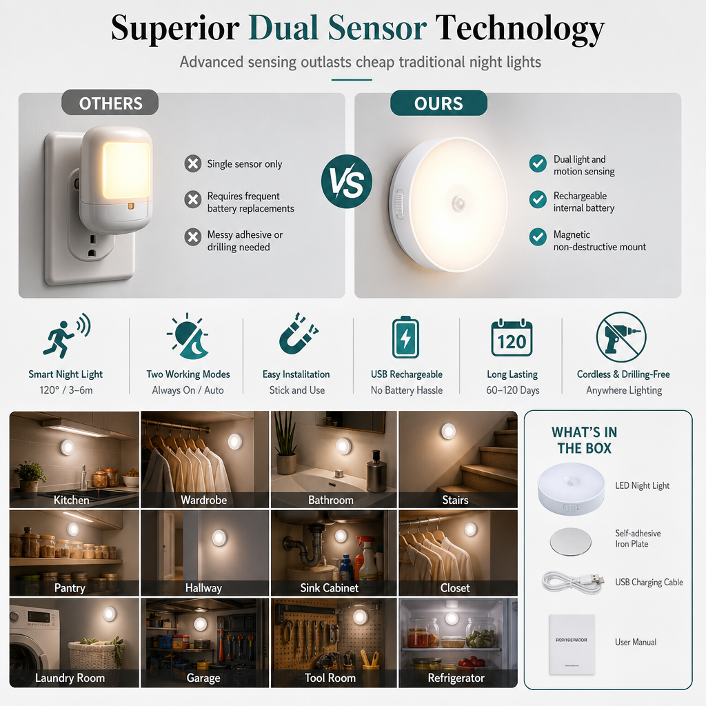 💡 Aufladbares LED-Nachtlicht mit Bewegungssensor & Dauermodus – kabellos für Schränke, Flure & Korridore