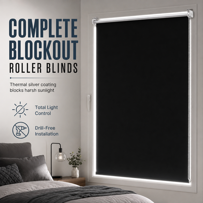 Total Blackout Roller Shades with UV Protection and Seamless Edges 130cm Height Black Window Blinds