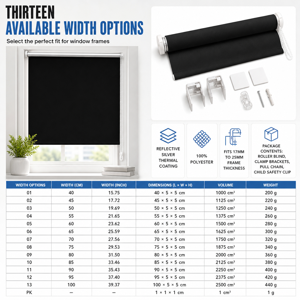 Total Blackout Roller Shades with UV Protection and Seamless Edges 130cm Height Black Window Blinds