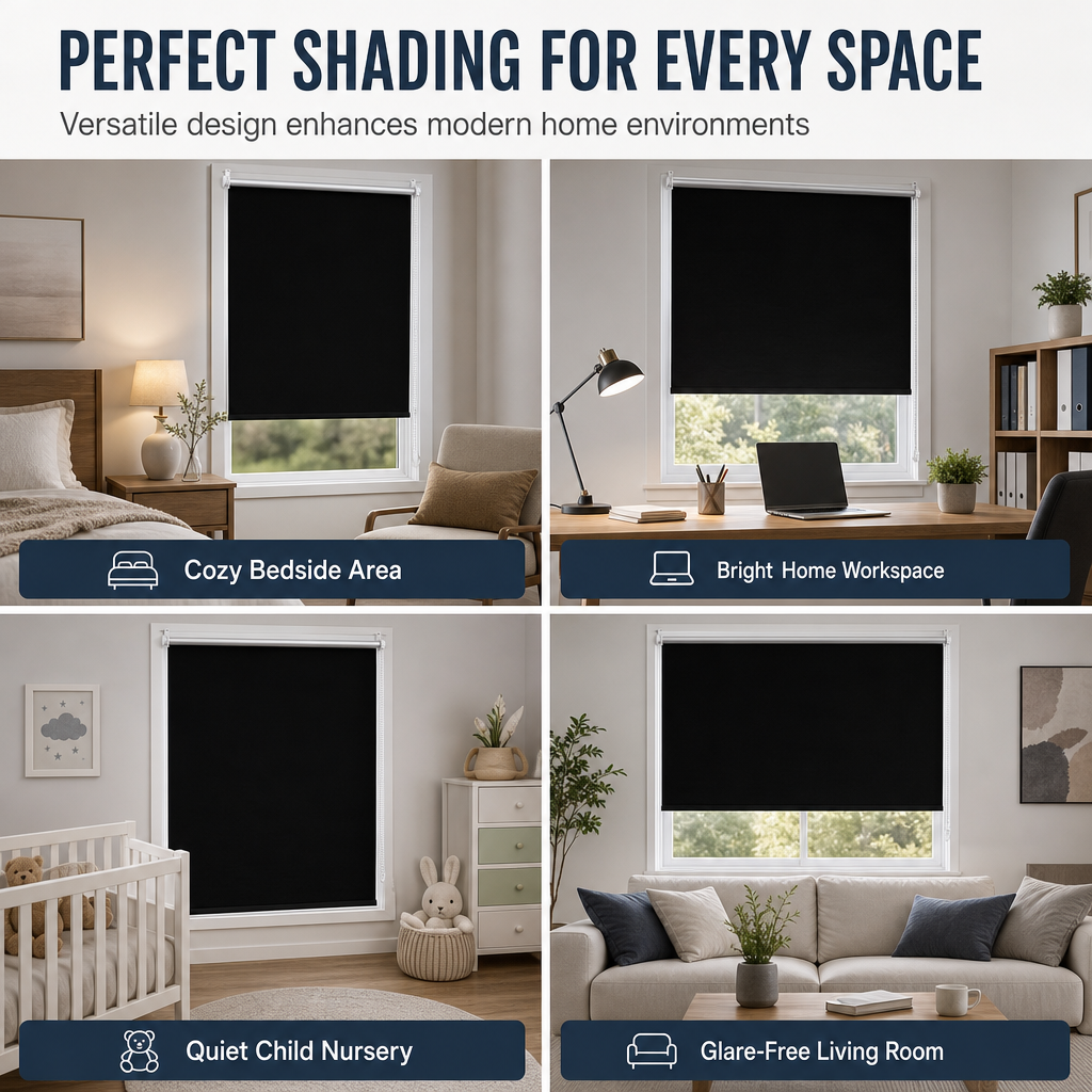 Total Blackout Roller Shades with UV Protection and Seamless Edges 130cm Height Black Window Blinds