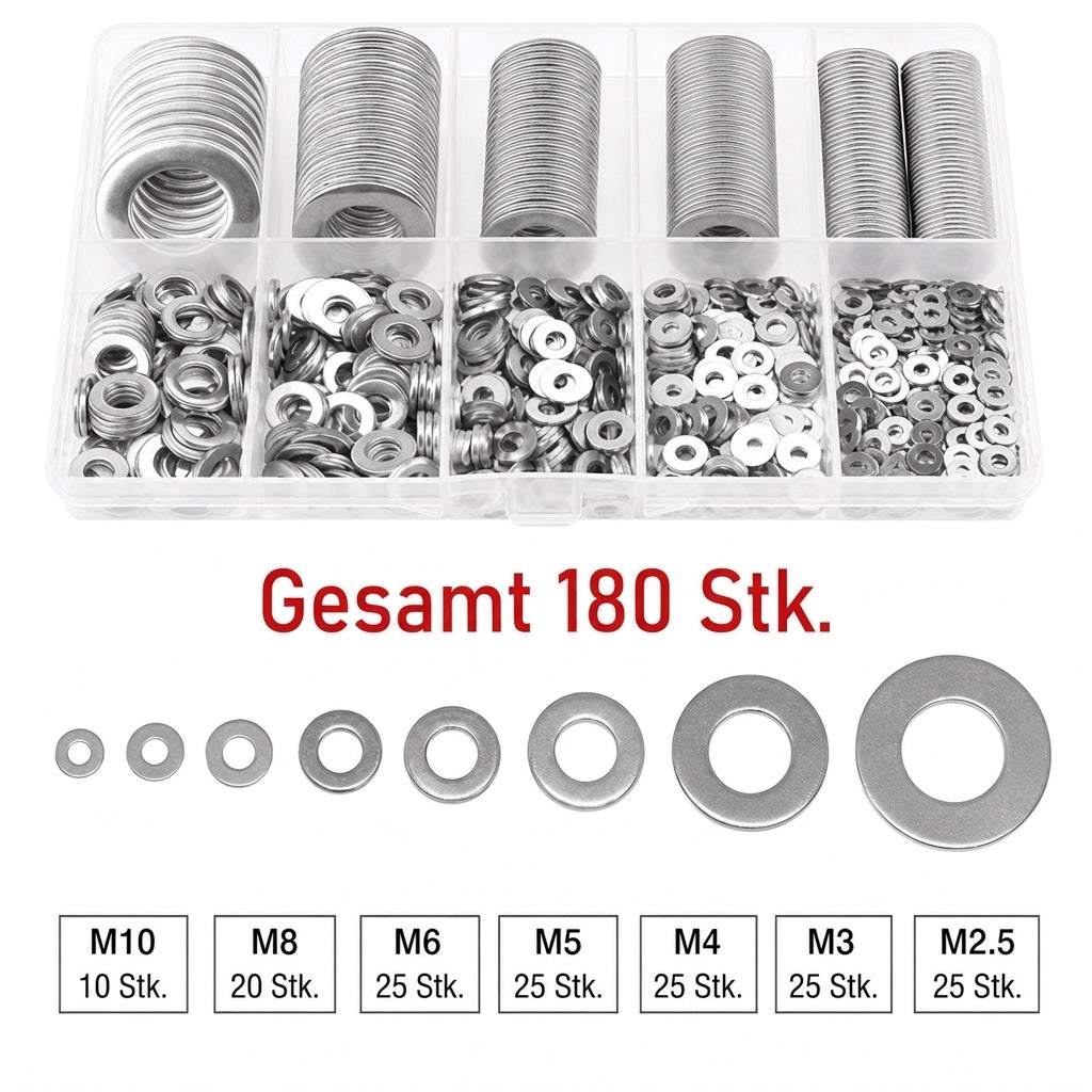 🔩 Edelstahl-Unterlegscheiben Sortiment M2-M12 – 180 Teile, 9 Größen, inkl. Aufbewahrungsbox